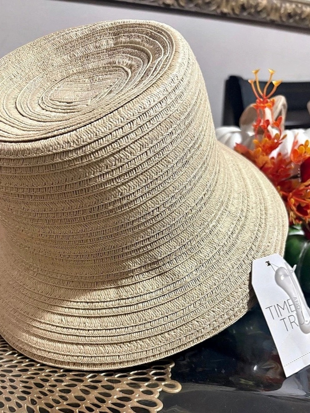 Time and Tru Straw Bucket Hat Woven Sun Hat in Cream NWT